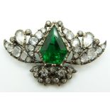 Victorian silver brooch set with green and clear paste, 4.5 x 2.7cm