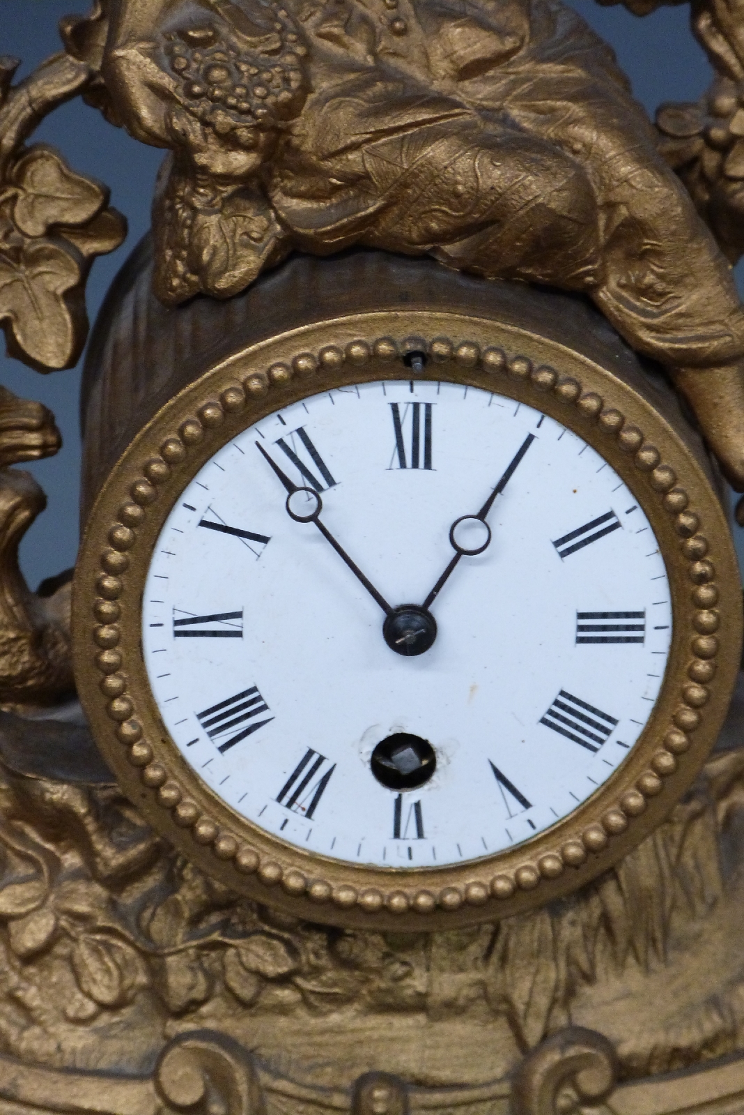 19thC French figural mantel clock, the Roman enamel dial with Breguet hands, the single train - Image 2 of 3