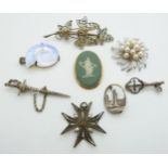 Three filigree brooches, Wedgwood brooch, silver brooch set with pearls, Lume pendant etc