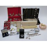 A quantity of costume jewellery including paste brooch, silver and marcasite ring, silver