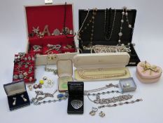 A quantity of costume jewellery including paste brooch, silver and marcasite ring, silver