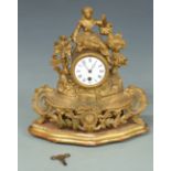 19thC French figural mantel clock, the Roman enamel dial with Breguet hands, the single train