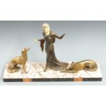 Menneville Art Deco figurine of a lady with two greyhounds, marble base, W72 H44cm