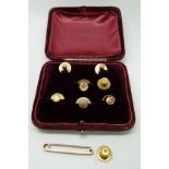 A 9ct gold brooch, Victorian stud set with a diamond, 9ct gold tie pin (3.3g) and further studs