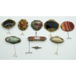 Victorian brooch set with moss agate, pinchbeck brooch set with agate, ceramic brooch and mother