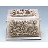 Silver plated continental jewllery box with relief scenes to lid, front and sides, the inerior