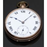 9ct gold keyless winding open faced pocket watch with inset subsidiary seconds dial, blued hands,