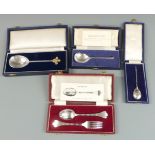 Four cased hallmarked silver replica historic spoons and fork including Roman, seal top and James