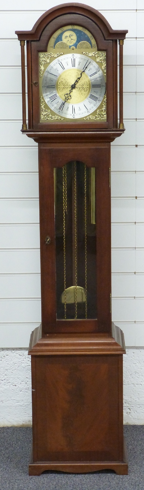20thC grandmother longcase clock in earlier style, the mahogany case with glazed door, the two