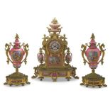 A French 'Sèvres' porcelain and gilt-bronze mounted clock garniture, circa 1850