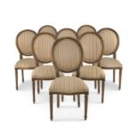 A set of eight Louis XVI style beech side chairs retailed by Block & Chisel, modern