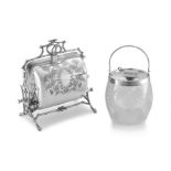 An Edwardian engraved glass and electroplate-mounted biscuit barrel