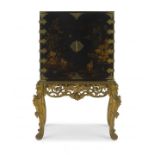 A black japanned and chinoiserie decorated brass-mounted cabinet-on-stand, 19th century