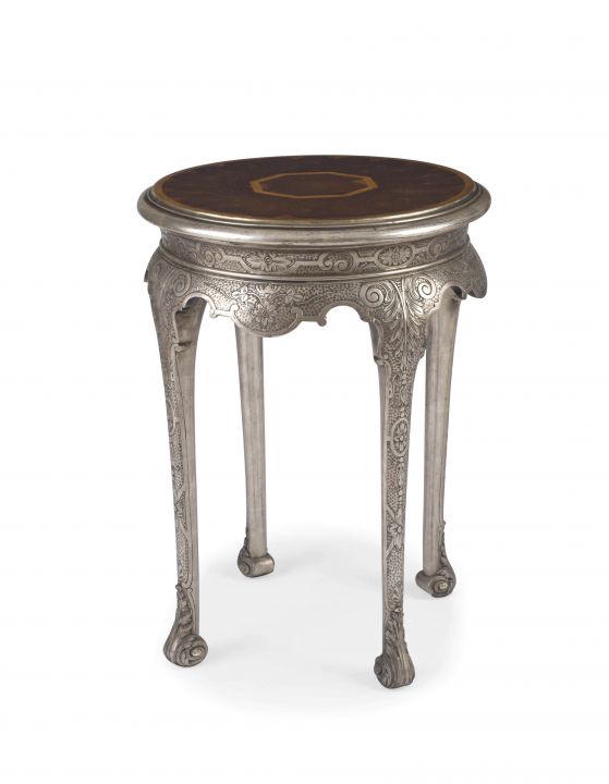 A George II style silver gesso and laburnum oyster-veneered and satinwood side table, early 20th cen