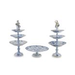 A pair of Meissen 'Onion' pattern blue and white three-tiered cake stands, early 20th century