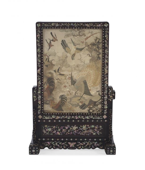 A Chinese Export ebonised, hardwood and mother-of-pearl inlaid table screen, late 19th century