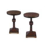A pair of burrwood, rosewood, satinwood and inlaid ebonised side tables, retailed by BANGKOK FURNISH