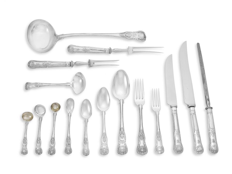 A George III assembled 'King’s' pattern flatware service, London, various makers and dates, 1818-1
