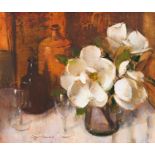 Irmin Henkel; Still Life with Magnolias, Bottles and Wine Glasses