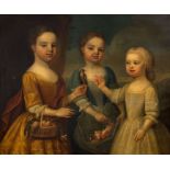 English Provincial School; A Portrait of Three Sisters, One Holding her Pet Bird