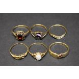 Six various 9ct gold gem set rings, 11.2g total weight.