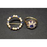 A 9ct gold brooch set synthetic sapphires and pearls, together with a 9ct gold gem set ring, 5.8g