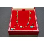 A 9ct gold and turquoise suite of necklace and earrings.