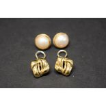 A pair of 9ct gold knot ear clips, 4.5g; together with a pair of 9ct gold split pearl earrings.