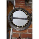 An antique silvered frame oval wall mirror labelled 'Alfred Moyano-Lhoest', 48 x 41cm.