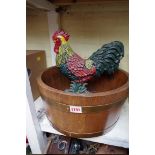 A staved oak and brass bound bowl, 36cm diameter; together with a painted metal cockerel