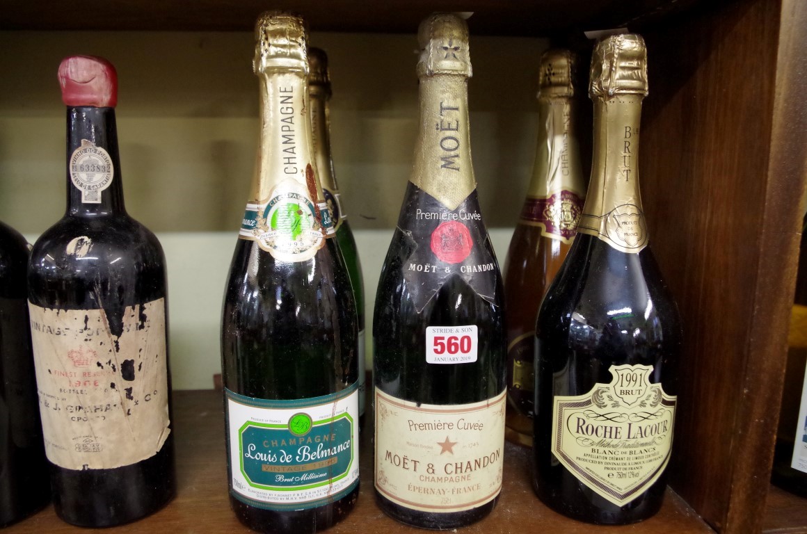 Five various bottles of champagne, to include a Moet & Chandon NV; an Andre Bonin 1996; and
