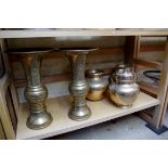 A pair of Chinese brass gu vases, 27cm high; together with three others.