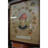 A Victorian coloured print of notable jockeys, with Fred Archer to the centre, the whole 75 x 57cm.