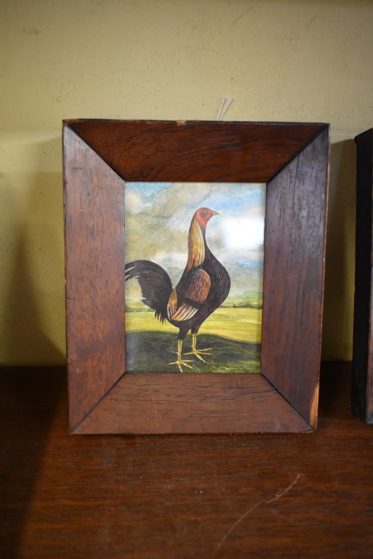 English School, gamecocks, a pair, watercolour, 11 x 8cm.