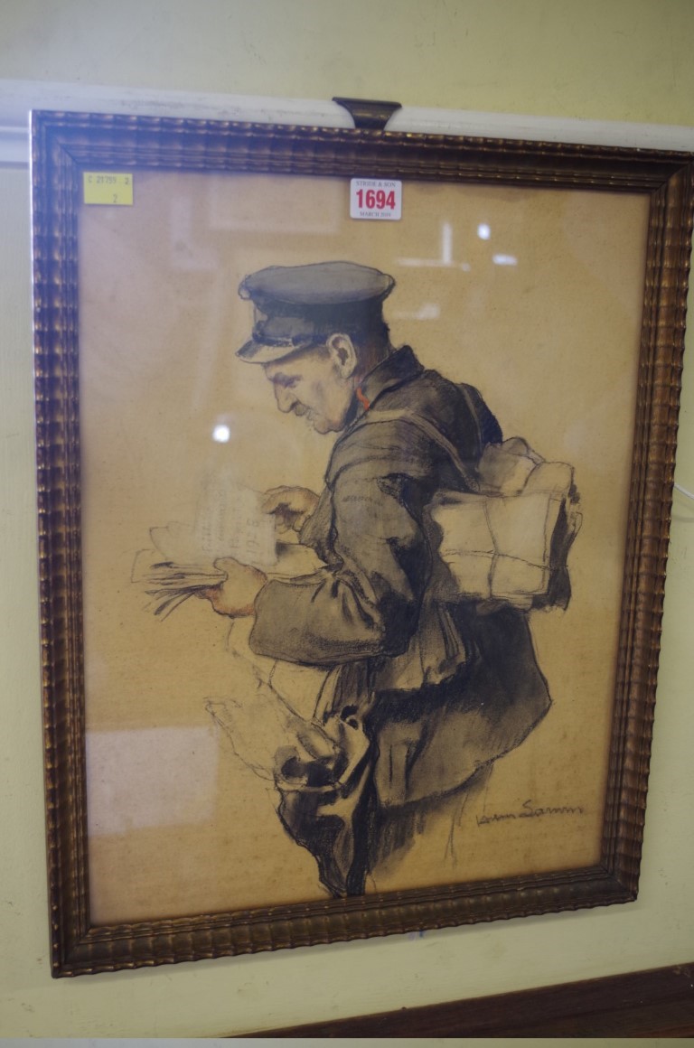European School, 1920s, 'A Postman', indistinctly signed, watercolour, 45 x 35cm; together with