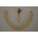 A 9ct gold rope twist bracelet; together with a 9ct gold cross and chain, 7.6g.