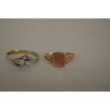 A 9ct gold signet ring, 1.2g; together with a 9ct gold and silver gem set ring. (2).