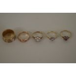 Three 9ct gold gem set rings; together with two 9ct gold rings, 10.2g.