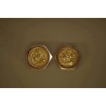 A pair of 9ct gold mounted half sovereign cufflinks, dated 1895 and 1896, 16.7g all in, (a/f)