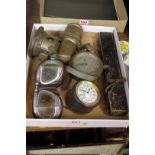 A mixed lot, to include: a Lucas 'Glacia Club' carbide lamp; two Smiths timepieces; goggles; etc. (