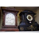 A large slate and brass mounted mantel clock, 45cm high, (lacking pendulum); together with another