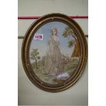 A Georgian silk needlework panel of a lady, 24 x 20cm oval.