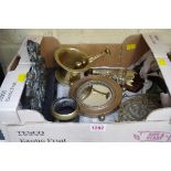 A small collection of metalware, to include a bronze and brass novelty porthole circular mirror,