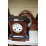 A 1930s walnut and inlaid mantel clock, 27cm wide; together with another late Victorian walnut and