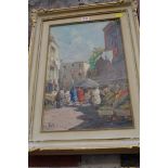 *Alassio, a village market, signed, oil on canvas, 43.5 x 28.5cm.