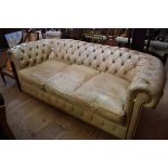 A worn pale green leather button back Chesterfield settee, 225cm wide.