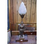 A bronzed metal knight figural table lamp, total height including shade 65cm.