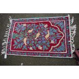 A Kashmiri prayer mat decorated tree of life; together with three Turkish flatweave rugs.