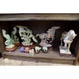 Three Chinese soapstone figure groups, largest 20.5cm; together with two jadeite elephants, all on
