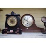 A Victorian slate and marble mantel timepiece, 27.5cm high; together with a 1920s oak Napoleon